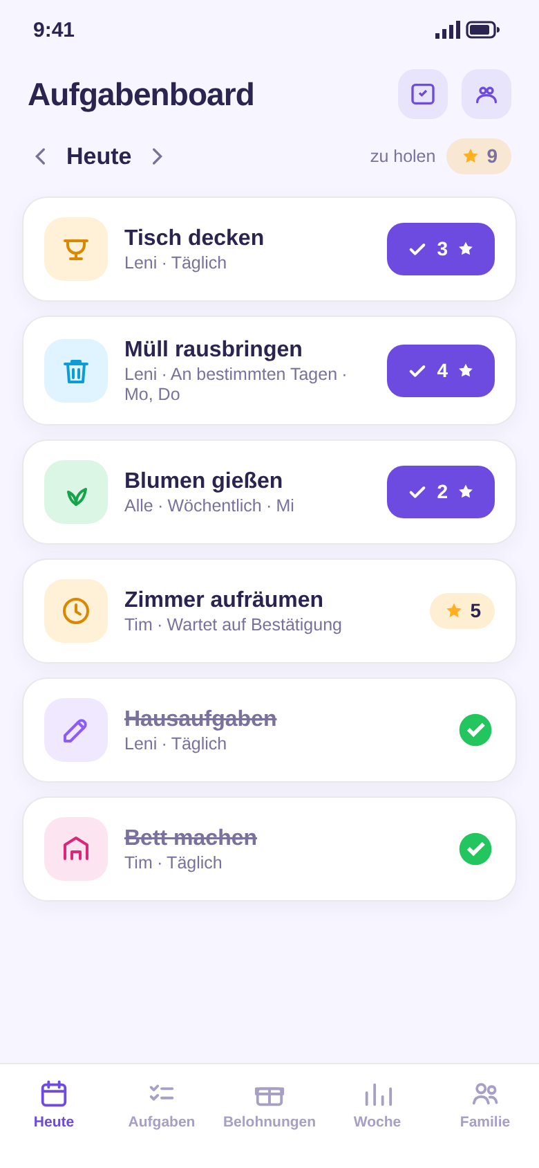 Das Aufgabenboard mit den heutigen Aufgaben